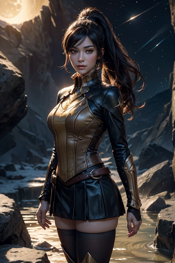 stunning girlfriend, heart shaped face, elegant face, beautiful face, highly detailed face, highly detailed skin, skin pores, subsurface scattering, realistic pupils, full lips, detailed background, depth of field, atmospheric perspective, volumetric lighting, sharp focus, absurdres, realistic proportions, good anatomy, (realistic, hyperrealistic:1.4), 16k hdr, ((best quality)), ((highly detailed)), masterpiece, best quality, pyrrha nikos, ponytail, circlet gmuniform, blue thighhighs, looking at viewer, :o, standing, cowboy shot, night, stars, moonlight, standing, in entrance to cave, underground lake, rocks, crowd