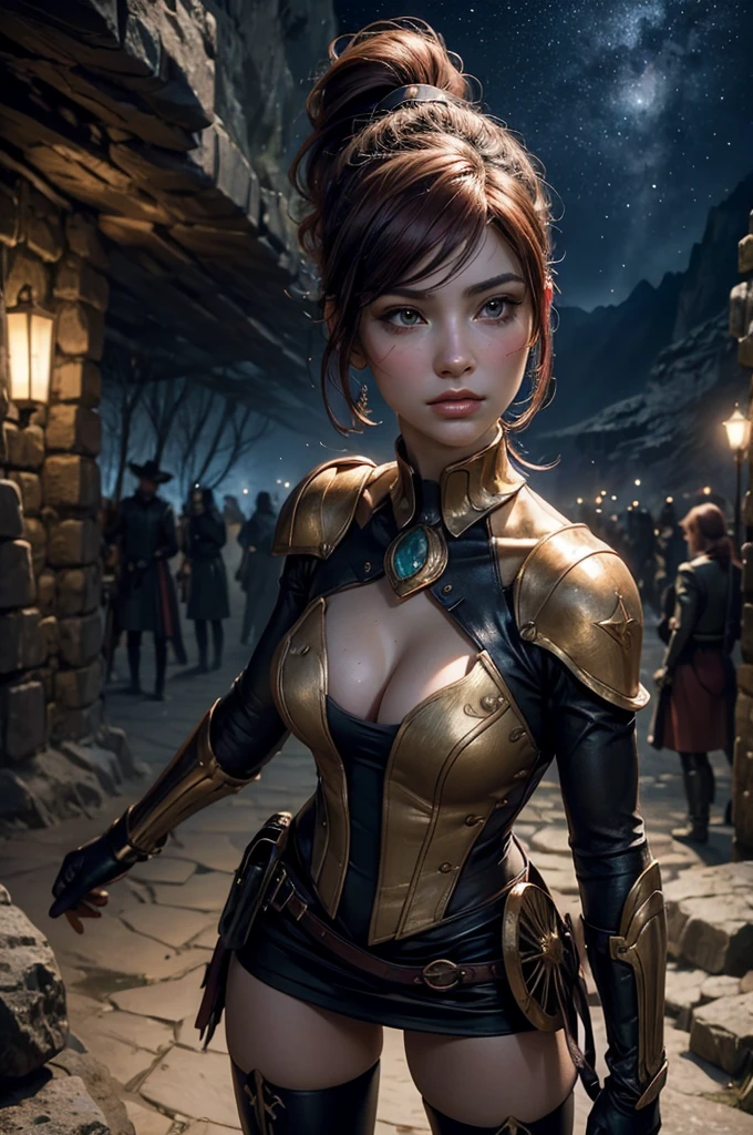 stunning girlfriend, heart shaped face, elegant face, beautiful face, highly detailed face, highly detailed skin, skin pores, subsurface scattering, realistic pupils, full lips, detailed background, depth of field, atmospheric perspective, volumetric lighting, sharp focus, absurdres, realistic proportions, good anatomy, (realistic, hyperrealistic:1.4), 16k hdr, ((best quality)), ((highly detailed)), masterpiece, best quality, pyrrha nikos, ponytail, circlet gmuniform, blue thighhighs, looking at viewer, :o, standing, cowboy shot, night, stars, moonlight, standing, in entrance to cave, underground lake, rocks, crowd
