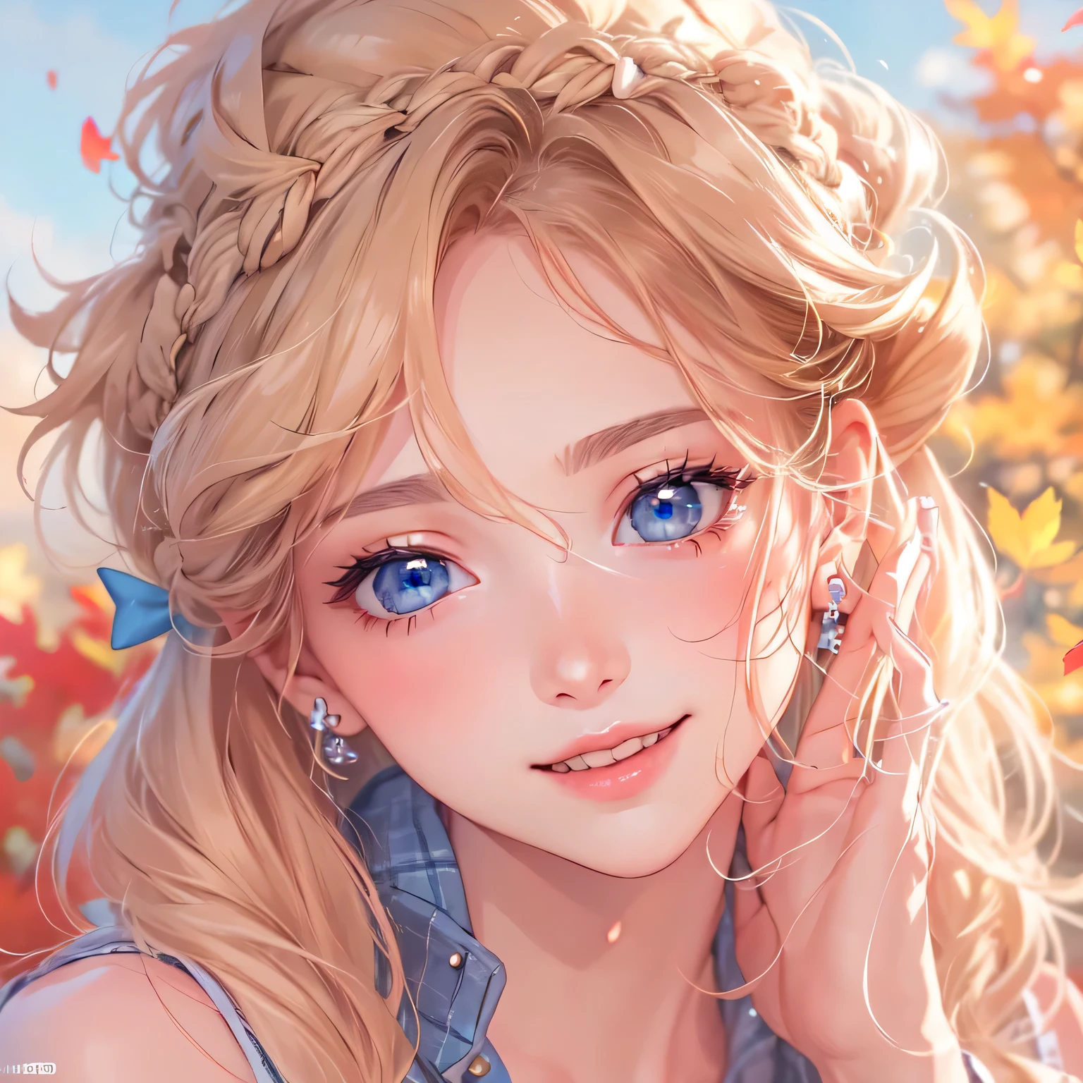masterpiece、highest quality、High resolution、High-quality images、8k, 1 female、Skin Radiance、Texture of skin and clothing、Expression of fine eyes、Shiny bright golden hair,Girl with long braided hair, Manga inspired by Lee Jong-suk, Trending on deviantart, realism, detailed manga style, Manga art style, Perfect Line Drawing, Beautiful line art, digital manga art girl, K-POPアイドル, Beautiful Blue Eyes, Lips become thicker, Gorgeous face with attention to detail, (Cute Smile), charm, Innocent, Side view, (Perfectly detailed face), (Beautiful Hands) Photorealistic images, Written boundary depth, Princess Hairstyles, beret , Light Beige Turtleneck Sleeveless Knit、denim mini skirt autumn leaves, Tartan Check Dress,autumn leaves,Beautiful autumn leaves,Romanticism,