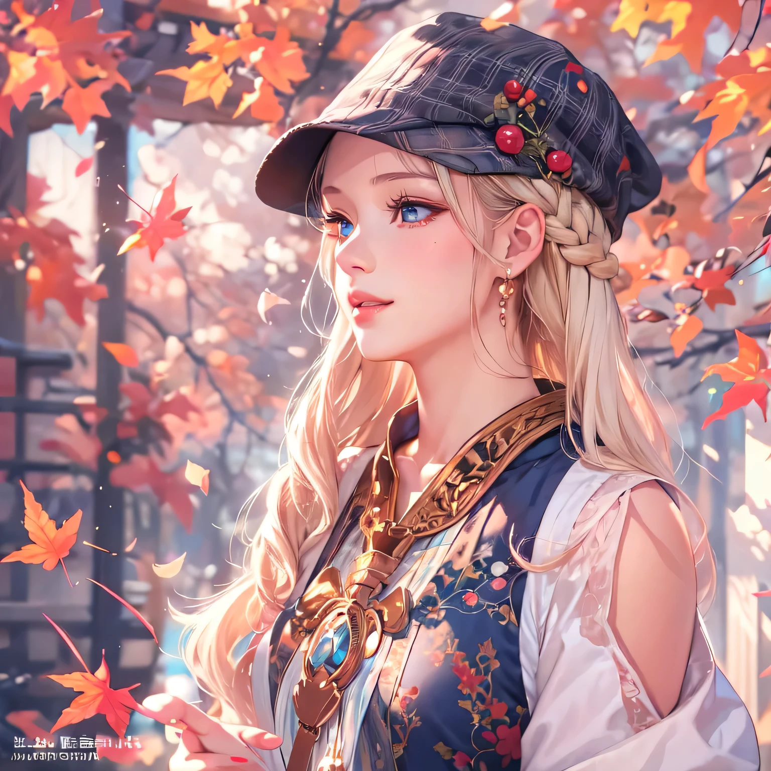 masterpiece、highest quality、High resolution、High-quality images、8k, 1 female、Skin Radiance、Texture of skin and clothing、Expression of fine eyes、Shiny bright golden hair,Girl with long braided hair, Manga inspired by Lee Jong-suk, Trending on deviantart, realism, detailed manga style, Manga art style, Perfect Line Drawing, Beautiful line art, digital manga art girl, K-POPアイドル, Beautiful Blue Eyes, Lips become thicker, Gorgeous face with attention to detail, (Cute Smile), charm, Innocent, Side view, (Perfectly detailed face), (Beautiful Hands) Photorealistic images, Written boundary depth, Princess Hairstyles, beret , Light Beige Turtleneck Sleeveless Knit、denim mini skirt autumn leaves, Tartan Check Dress,autumn leaves,Beautiful autumn leaves,Romanticism,