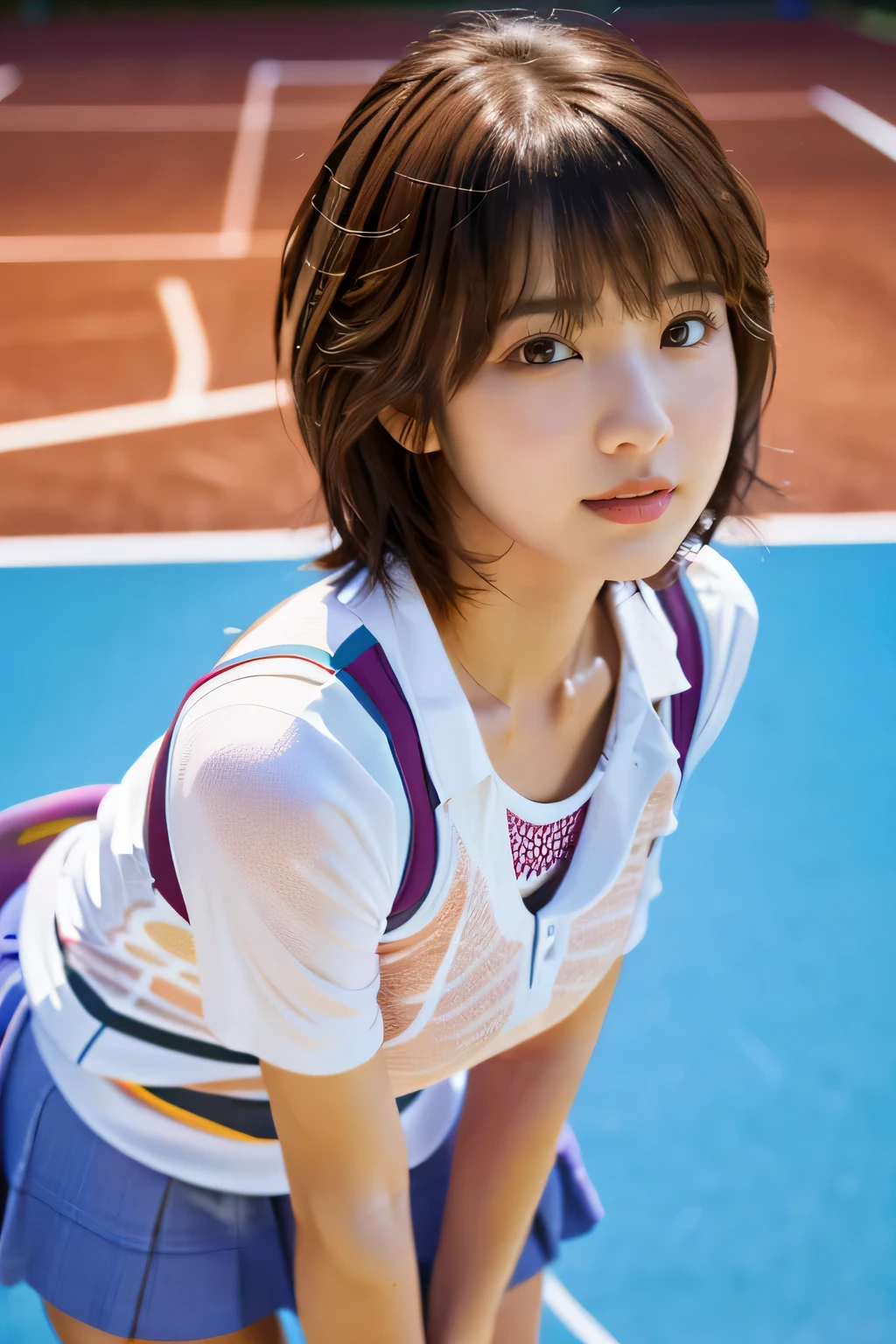 highest quality, Photorealistic, Very detailed, finely, High resolution, 8K Wallpaper, Professional, High level of detail, ((One 18 year old girl:1.2)), Slender Japanese women,cute lips, (Long eyelashes:1.2)、Detailed clavicle, Mid-chest、Perfect Face, (Cute short bob hair:1.5), Chestnut Hair、Cute face、(Tennis Wear:1.5)、(Sexy poses on the tennis court:1.2)、perfect body style、(Full body shot from knees to head:1.5)、Nipples