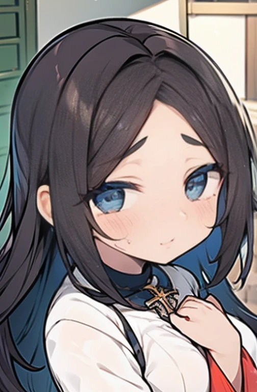freira com cabelos loiros, olhos azuis, slightly chubby cheeks and a frowning expression, sobrancelhas franzidas, Olhar frustrado, slight blush holding a cross in the image and hands clasped as if praying looking at the viewer