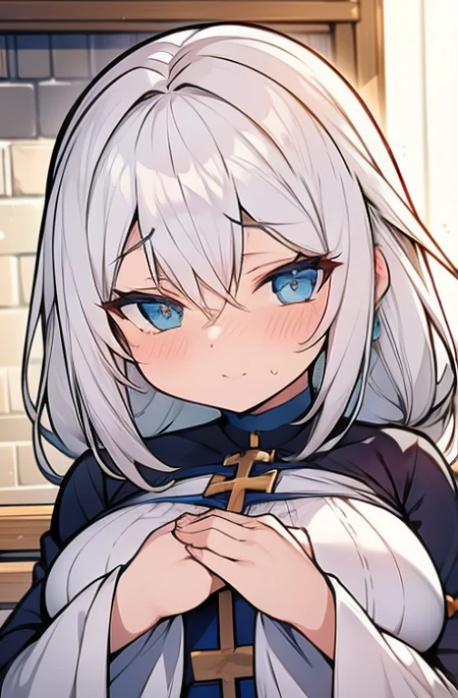 freira com cabelos loiros, olhos azuis, slightly chubby cheeks and a frowning expression, sobrancelhas franzidas, Olhar frustrado, slight blush holding a cross in the image and hands clasped as if praying looking at the viewer