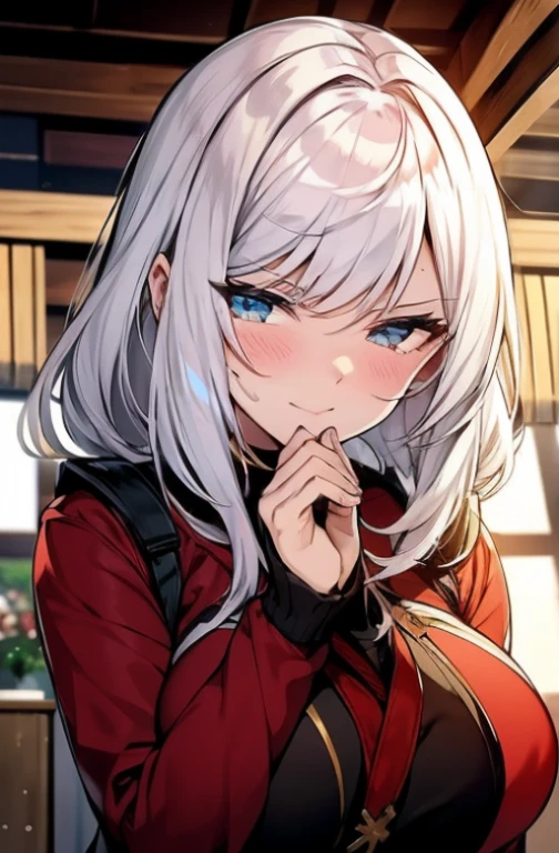 freira com cabelos loiros, olhos azuis, slightly chubby cheeks and a frowning expression, sobrancelhas franzidas, Olhar frustrado, slight blush holding a cross in the image and hands clasped as if praying looking at the viewer