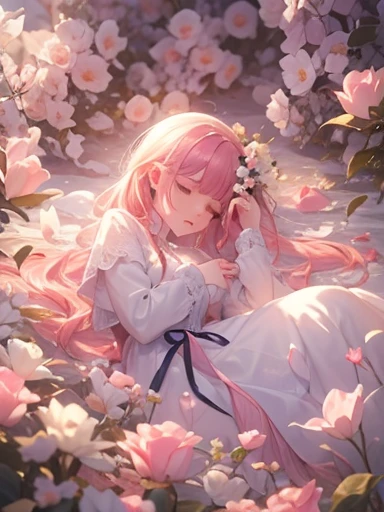 Soft lighting, Dreamy atmosphere, Great aesthetics, fantasy theme, Natural elements, Floral Background, Subtle details, Flowing pink hair, Unusual pose, Bright colors, Petals falling, Lying face down