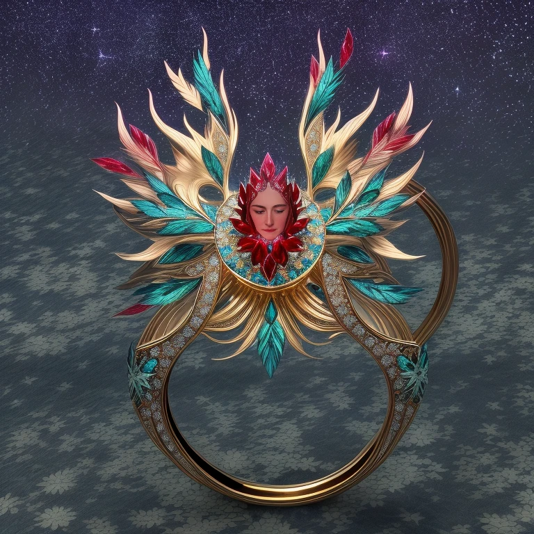 The masterpiece is of the highest quality, featuring nothing but the ring. It features a Phoenix ring setting, starry skies, and wrapping around the end from beginning to end. This delicate gold ring is adorned with Starry Sky in its ring, with its shiny appearance emanating an inverted image, shimmering Ruby-turquoise-Diamond gemstones, all while being elegant and noble. The magic pattern on it emits the light of the Tyndall effechines with a noble red light, which is filled with dark-style graphics, accompanied by a simple background.