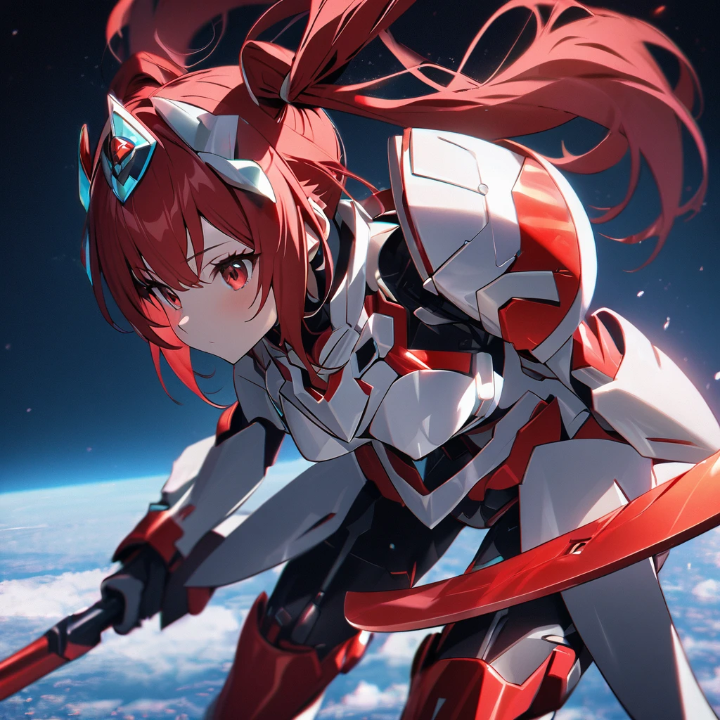 High quality, high definition, hig
h precision images,8k 1 Girl Robot Girl、red hair,Twin tails,Red eyes,Leaning forward Head decoration、 ,red and white clothing,He's wearing flashy robot armor.Holding a red and white long sword,Floating in the sky、A distant view