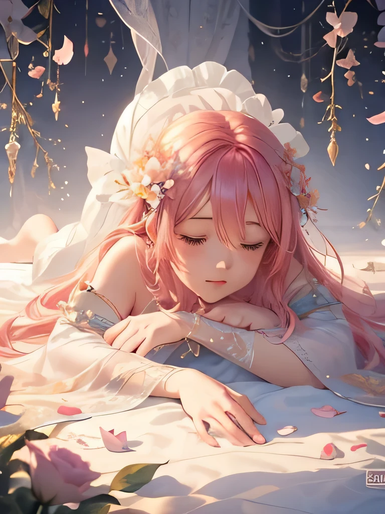 Soft lighting, Dreamy atmosphere, Great aesthetics, fantasy theme, Natural elements, Floral Background, Subtle details, Flowing pink hair, Unusual pose, Bright colors, Petals falling, Lying face down