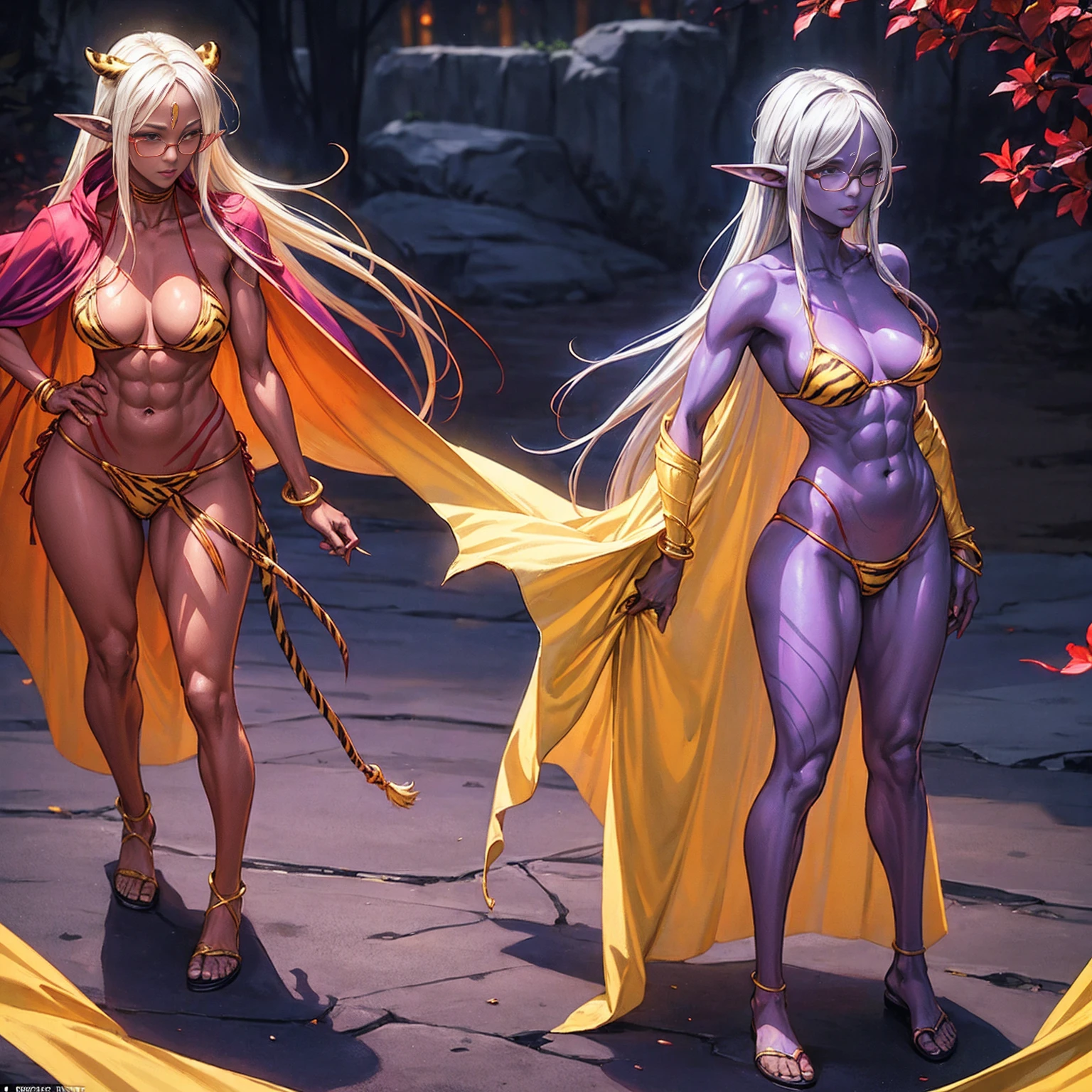 Full body, masterpiece, female drow elf purple skin standing pose (yellow tiger bikini), red cape, red bikini, long white hair, strong body, abs, Ultra Quality, Shiny Skin, Atmospheric, 8K, Cinematic, ((streaked hair, simple background, round eyewear, nd)), bracelet, sunglasses