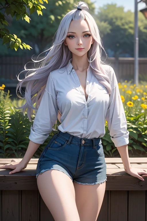 (best quality,4k,8k,highres,masterpiece:1.2),ultra-detailed,realistic,photorealistic:1.37,  Mirajane Strauss, with a beautiful smile, wearing a chadres shirt and denim shorts 