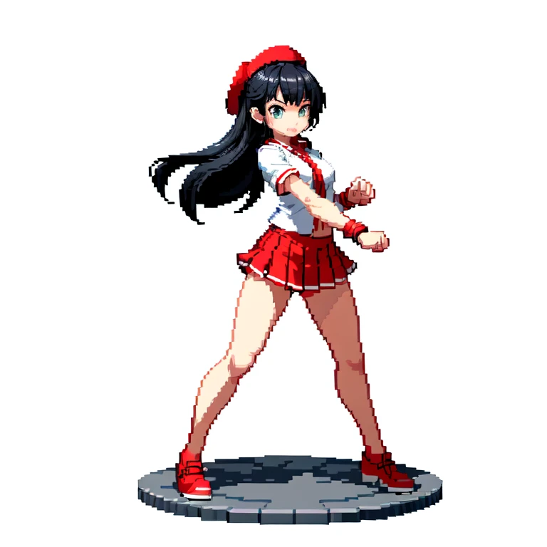 (masterpiece, top quality, best quality), pixel,pixel art,1girl,hat,white shirt,red short skirt,black hair,punch power,full body,
