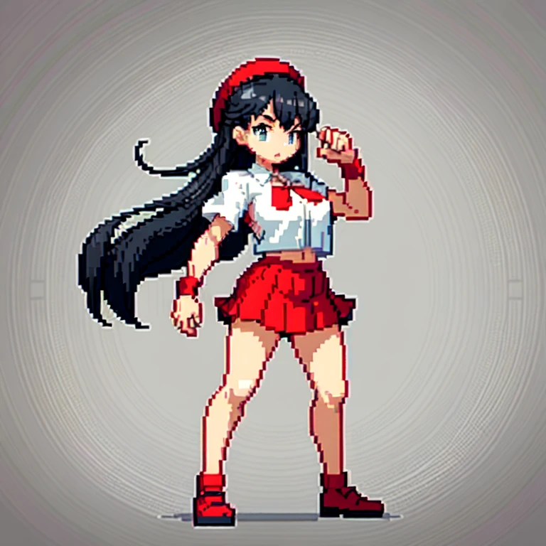 (masterpiece, top quality, best quality), pixel,pixel art,1girl,hat,white shirt,red short skirt,black hair,punch power,full body,