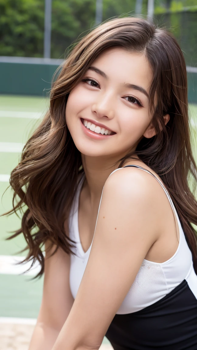 Realistic, masterpiece, highest quality, Highest Resolution, One Japan , 16 years old, Upper body photo, She narrowed her eyes...、Look at me with a shy smile, Laughing with your mouth open, How to draw beautiful and delicate eyes, (Droopy eyes:1.3), Dark Eyes, Thin eyebrows, Draw eyelashes carefully, I can see your teeth, Gal Makeup,  (Brown and white wavy hair with white mesh, Long Hair, middle part:1.3), (Hidden eyelid wrinkles:1.3), Wear tennis wear, White pleated skirt, (The whole body is visible:.1.2、A is taken from diagonally below., Tennis court、Holding a tennis racket、A refreshing college student、after school、Tennis with friends、Active Scene、