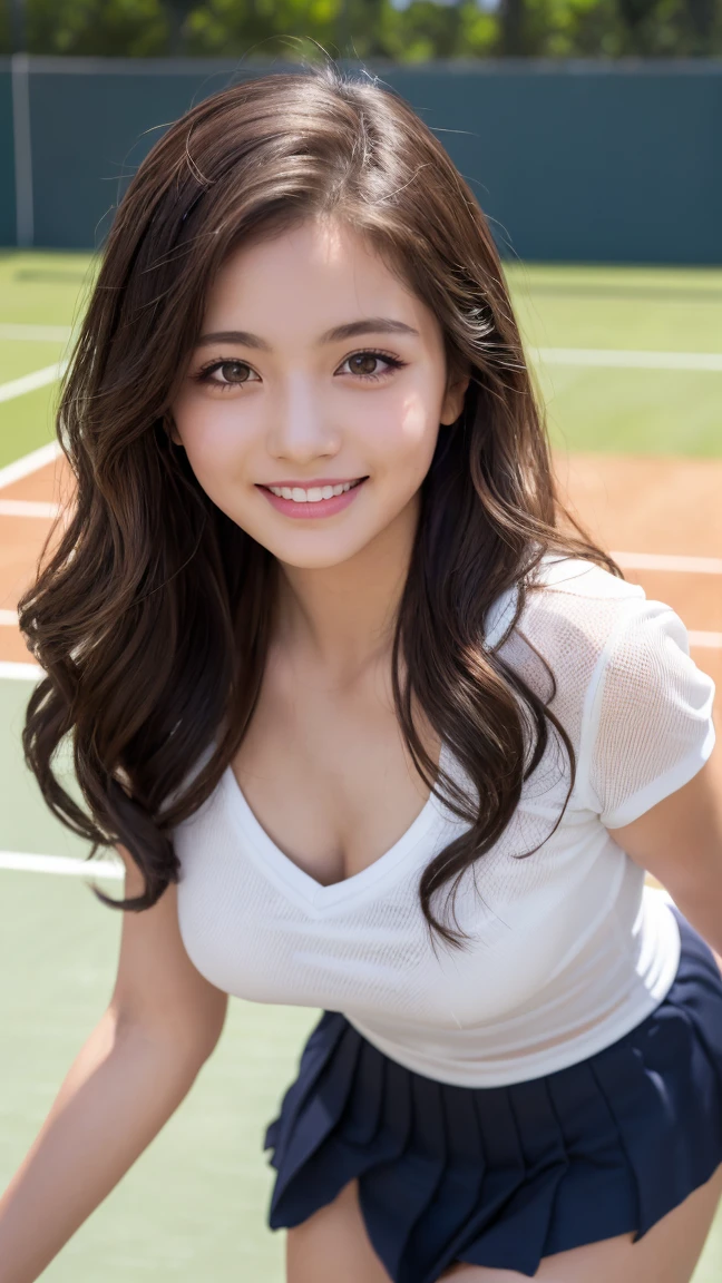 Realistic, masterpiece, highest quality, Highest Resolution, One Japan , , Upper body photo, She narrowed her eyes...、Look at me with a shy smile, Laughing with your mouth open, How to draw beautiful and delicate eyes, (Droopy eyes:1.3), Dark Eyes, Thin eyebrows, Draw eyelashes carefully, I can see your teeth, Gal Makeup, (Brown and white wavy hair with white mesh, Long Hair, middle part:1.3), (Hidden eyelid wrinkles:1.3), Wear tennis wear, White pleated skirt, (The whole body is visible:.1.2、A is taken from diagonally below., Tennis court、Holding a tennis racket、A refreshing college student、after school、Tennis with friends、Active Scene、