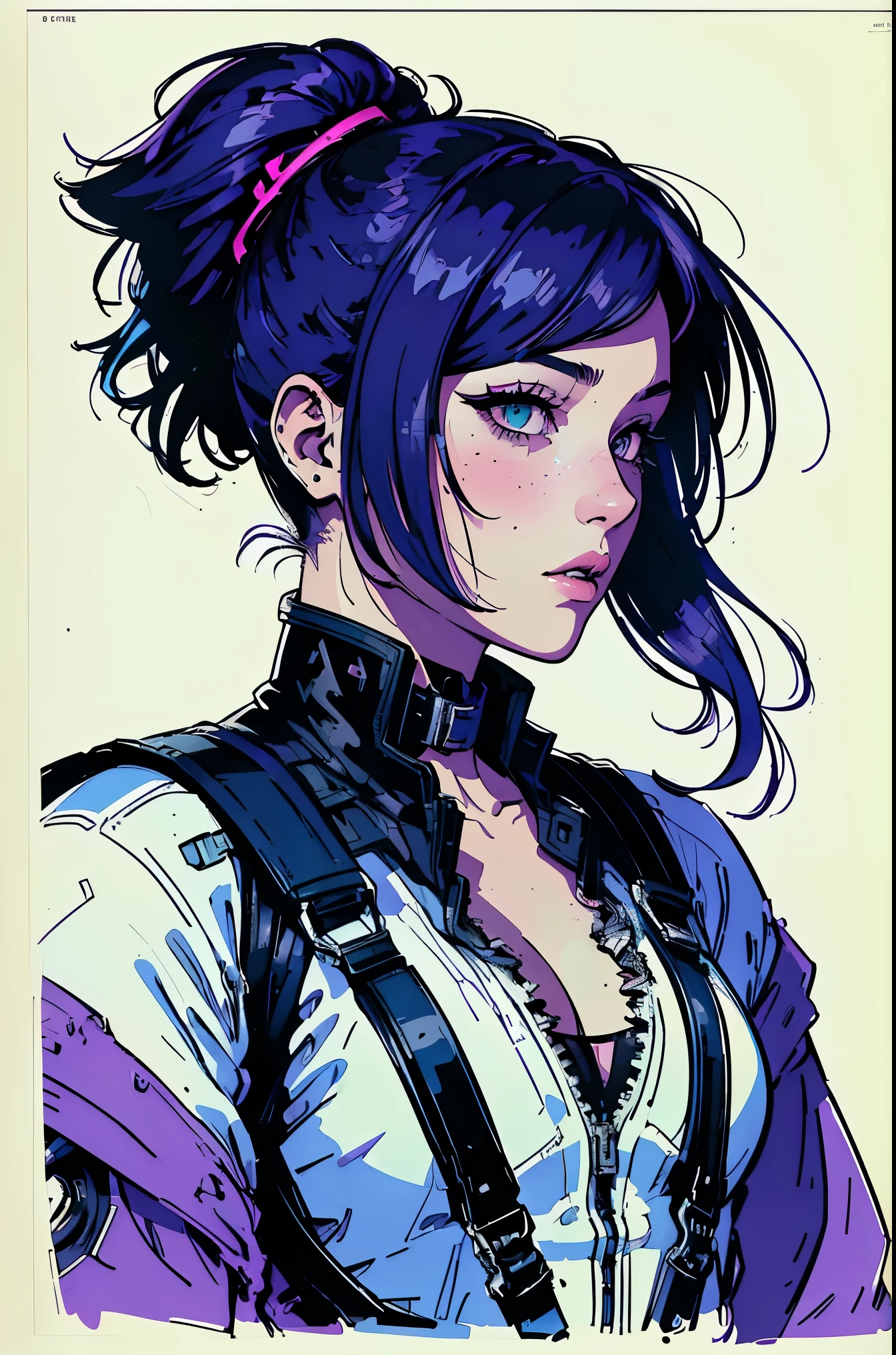 (best quality, sketch:1.2), (ultra details ayes), epic realistic,illustrator,anime,1 women,hdr, detailed lips,custom, bad women, details, neon-blue gradient, ((background dark monochrome)), purple hair,textured cropping, masterpiece, style retro classic, stocking suspenders, ultra details, background dynamic haos