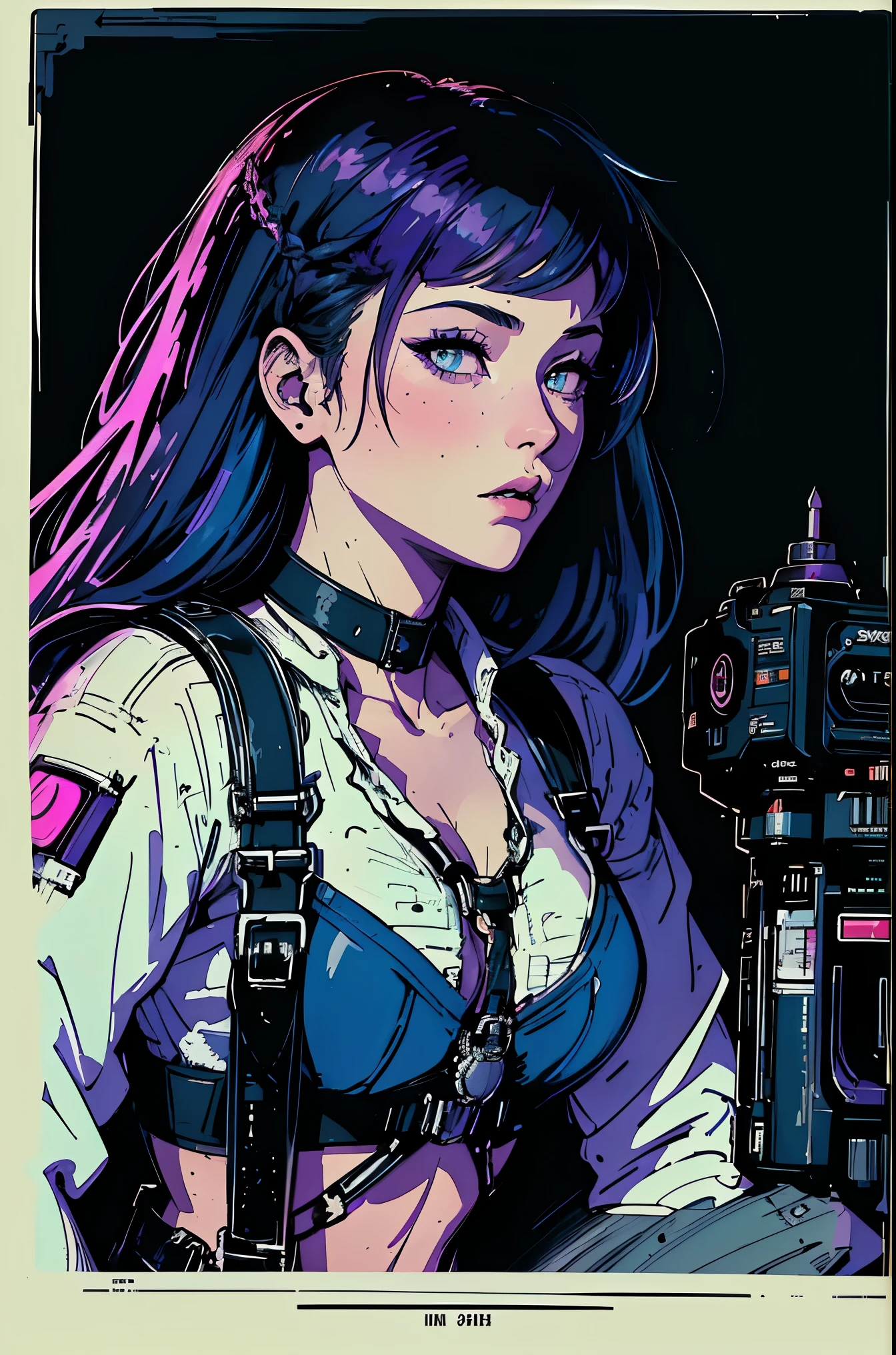 (best quality, sketch:1.2), ultra details ayes, epic realistic,illustrator,anime,1 women,hdr, detailed lips,custom, bad women, details, neon-blue gradient, ((background dark monochrome)), purple hair,textured cropping, masterpiece, style retro classic, stocking suspenders, ultra details, background dinamic haos