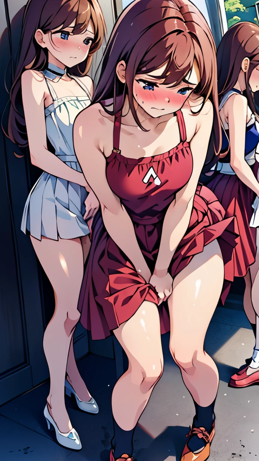 (ultra-detailed, best quality, anatomically perfect body), (small breast:1.3), shiny skin, (Various girls), (have to pee), (very desperate to pee:1.2), bladder full, (public restroom entrance), (waiting for restroom with line of girls in queue:1.5), clean interior, (standing), (various kind tops), (various long skirt:1.4), (flats, various hairstyle), various bag, (knees together and feet apart:1.2), (Rub each other's thighs:1.2), leaning forward, (hand between legs), (holding the crotch:1.1), (restless), (nose blush:1.1), (embarrassment1.3), flowing sweat, (parted ilps), (erotic body twist:1.2), (breathless), sad, tearful, (looking away), (lower body:1.2), from side, (from back:1.1), (very Bright:1.2),