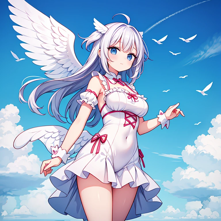 (((masterpiece))), best quality, highly detailed,extremely detailed CG unity 8k wallpaper,illustration,white long hair,white eyes,breast press,big breasts,angel wings ,halo, garter straps ,one small blue flower ornaments,choker,headdress,beautiful detail sky,full body,solo,wet,floating in blue sky and clouds,sharp focus,arms behind back)