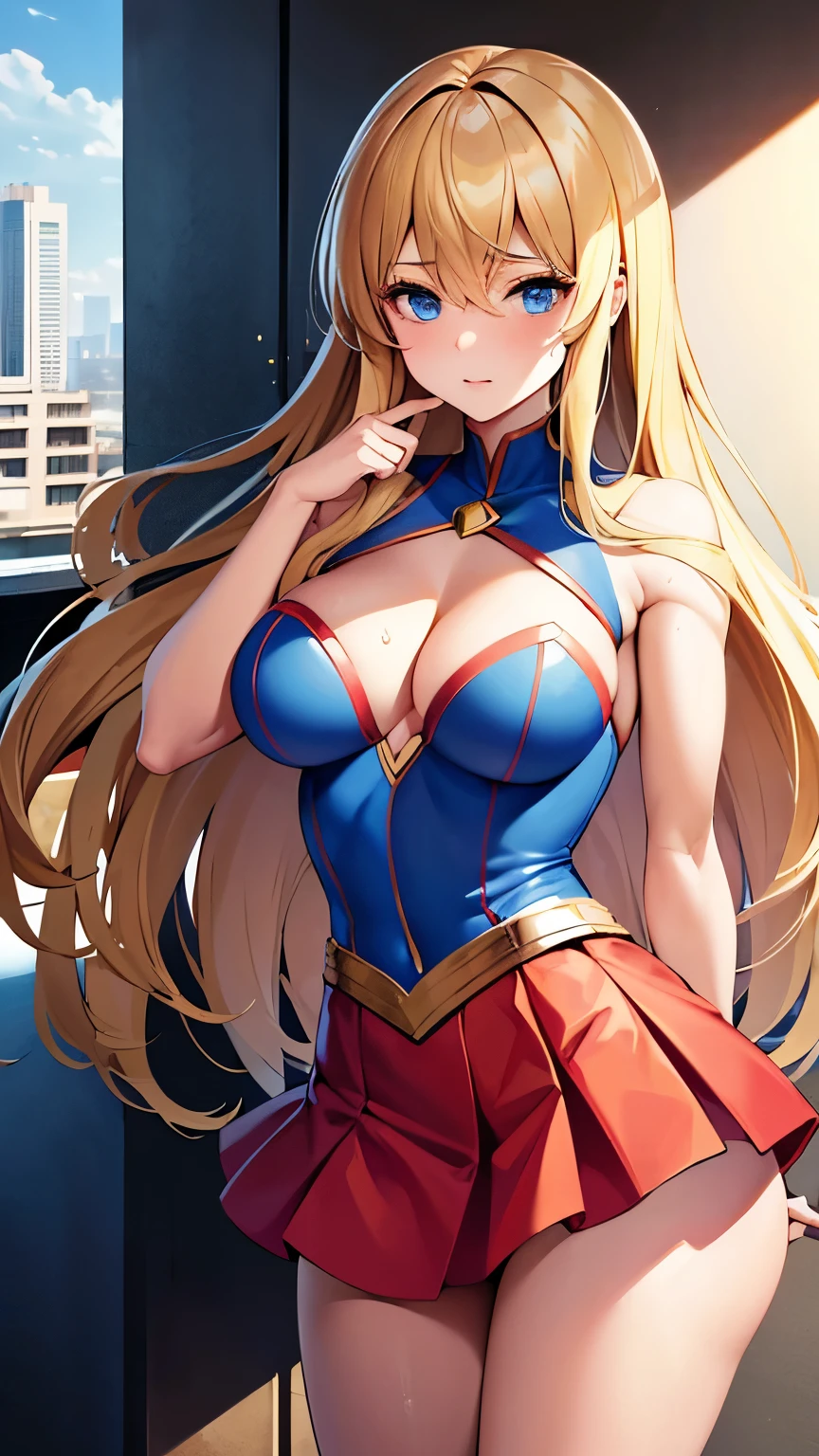 ((Best quality, Masterpiece, Nonsense)),1girll:1.9, Sexy, ( 18 years old, Expressive blue eyes, shoulder-length blonde hair, Long hair,Loose and fluffy hair),Dressed Supergirl cosplay (Super Girl Suite custom role-playing), Shortest red skirt,eechi, Terrace in 1 building, supergirl, cleavage, tiny thong, big tits, big butt, tiny top suit, sexy hero pose, hard niples, sweaty skin, side boob