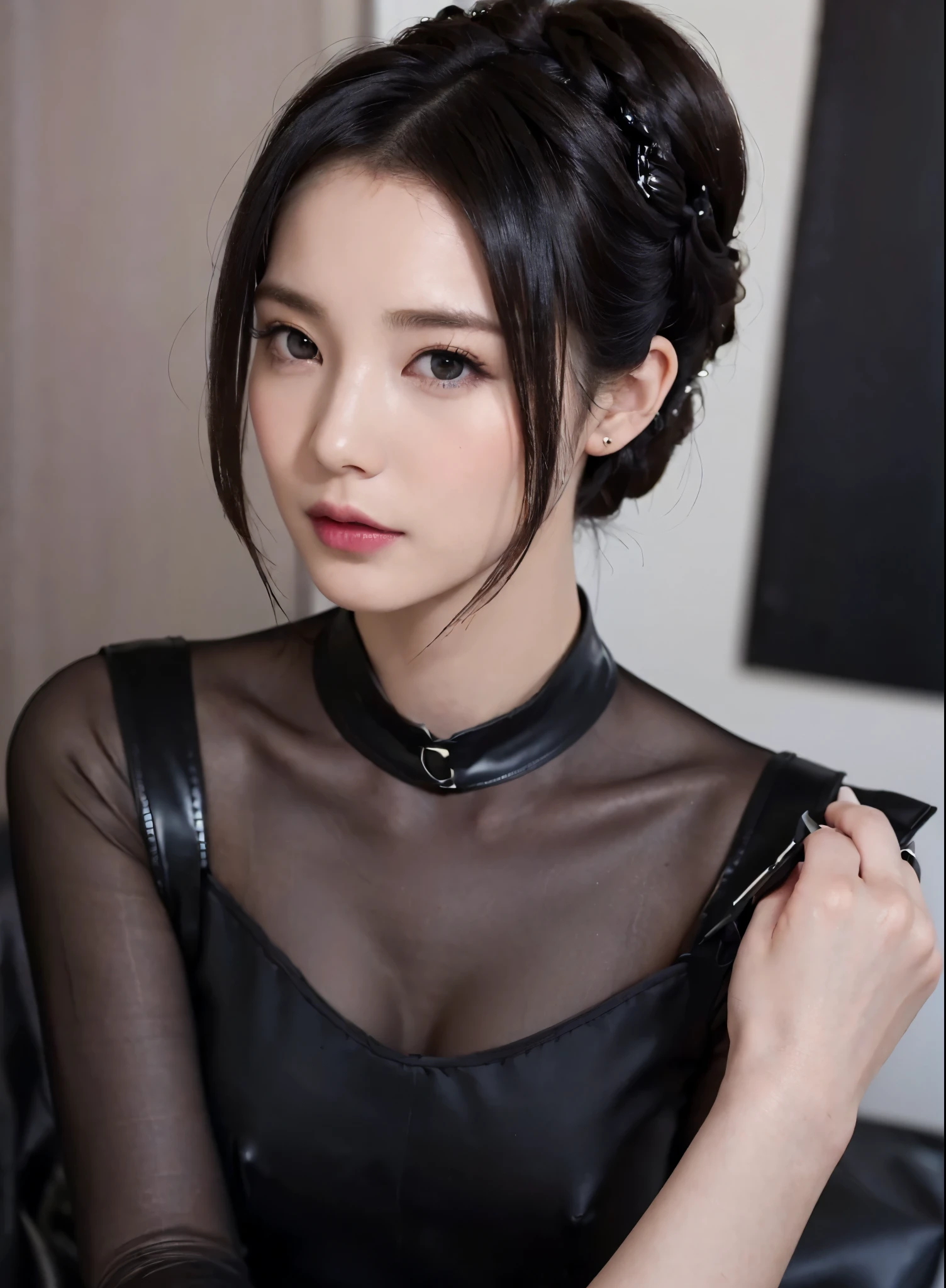 ((best quality, photorealistic, 8k, high res)), 1office lady, (skindentation), gorgeous, (portrait:1, close up:1), gorgeous, ((nobody darkness refresh room:1.65)), Perfect Anatomy, ((black dress, brown pantyhorse, )), straight-looking at viewer:1.8, (1girl eyes looking at viewer, short-length straighthair, black hair, updohair:1.75), Contrapposto, black latex wear, bring black bag, photorealistic, (serious:1.2), (closed mouth:0.76), gorgeous, pureerosface_v1,