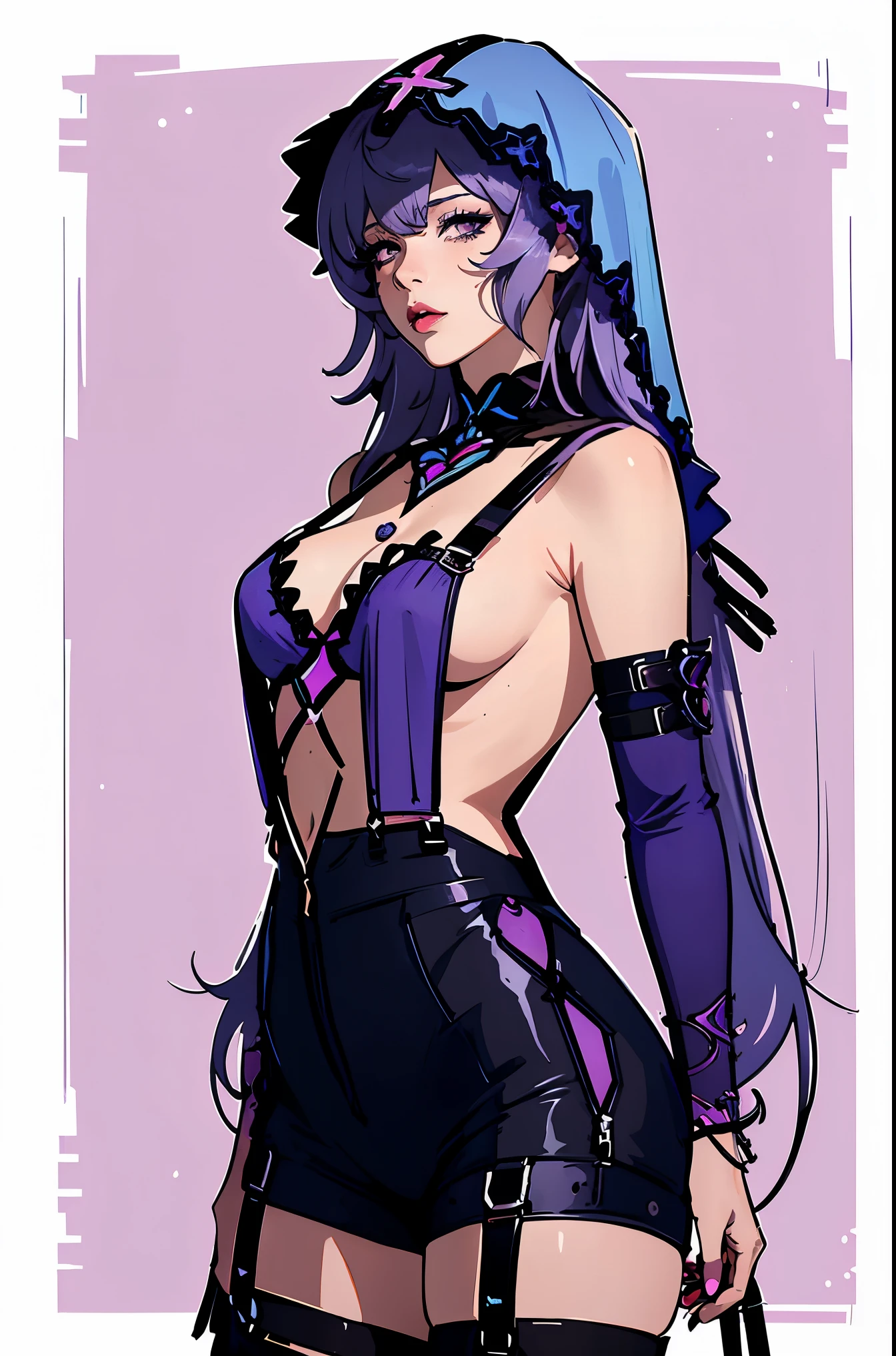 (best quality, sketch:1.2),realistic,illustrator,anime,1 girl, detailed lips,custom, bad women, details, neon blue gradient background, purple hair,textured cropping, masterpiece, style retro classic, stocking suspenders, details