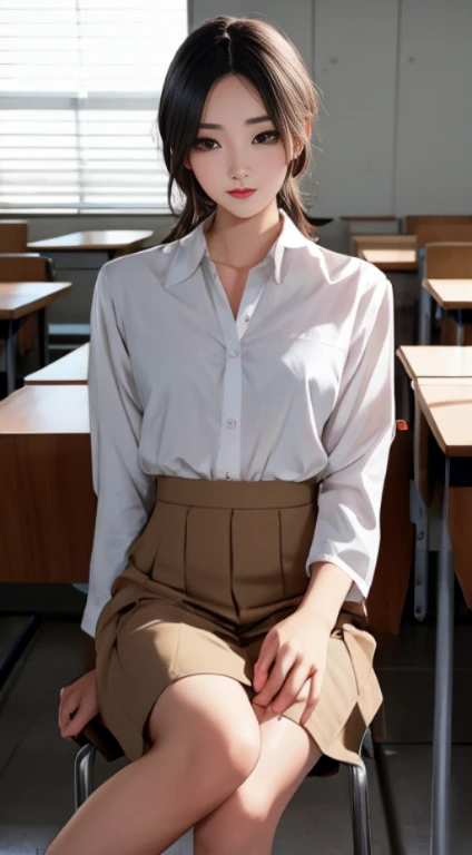 1 high school student, short spiked hair, light brown eyes, thin lips, round face, covered medium breasts, slender hips, wearing traditional Korean high , seductive look, sitting on a chair inside a classroom, staring blankly at the viewer , sfw