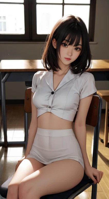 1 high school student, short spiked hair, light brown eyes, thin lips, round face, covered medium breasts, slender hips, wearing traditional Korean high , seductive look, sitting on a chair inside a classroom, staring blankly at the viewer , sfw