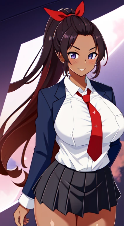 masterpiece, best quality, anime Illustration, 4k, 1 girl, solo, standing, long hair, black hair, violet eyes, high ponytail, red hair ribbon, red ribbon, white collar shirt, tie, suit and tie, black skirt, big breasts, huge breasts, looking_at_viewer, lewd, mischievous grin, upper_body, dark skin, ((Village background:1.0)), ((dark skin: 1.5)), , ((parted bangs: 1.4)),  parted bangs, large forehead, purple eyes, athletic, slightly muscular 