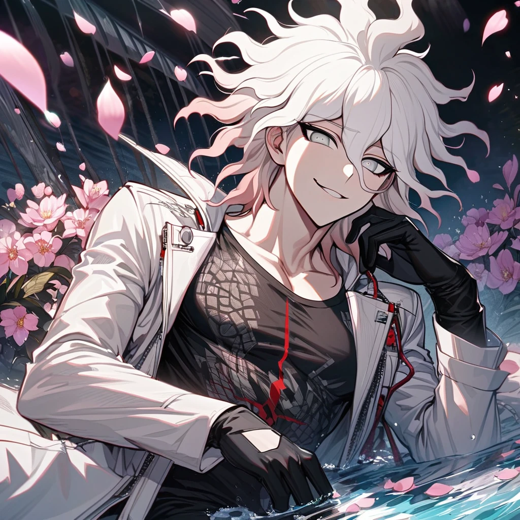 Ultra detailed, Highres, absurdres, Komaeda Nagito, white hair, silver eyes, white long coat with patterns, Danganronpa, pink flowers, petals, extremely handsome, sexy man, toned chest, solo, very detailed eyes and face, black gloves, water, pink butterflies, black tight t-shirt, smirking