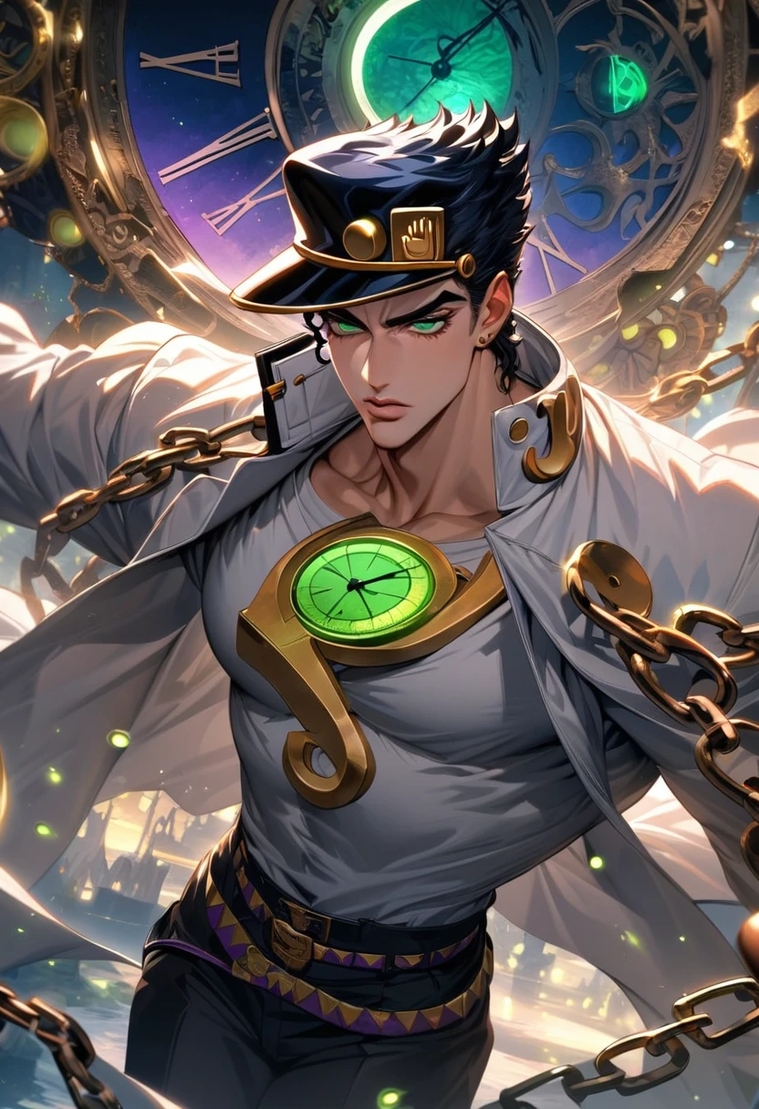 absurdres, highres, ultra detailed, HDR, master piece, best quality, extremely detailed face and eyes, perfect face, Jotaro Kujo, expressive green eyes, black hair, jojo bizarre adventure, solo, sexy man, handsome, white coat, black pants, clock mechanical moon, fantasy, chains, fireflies