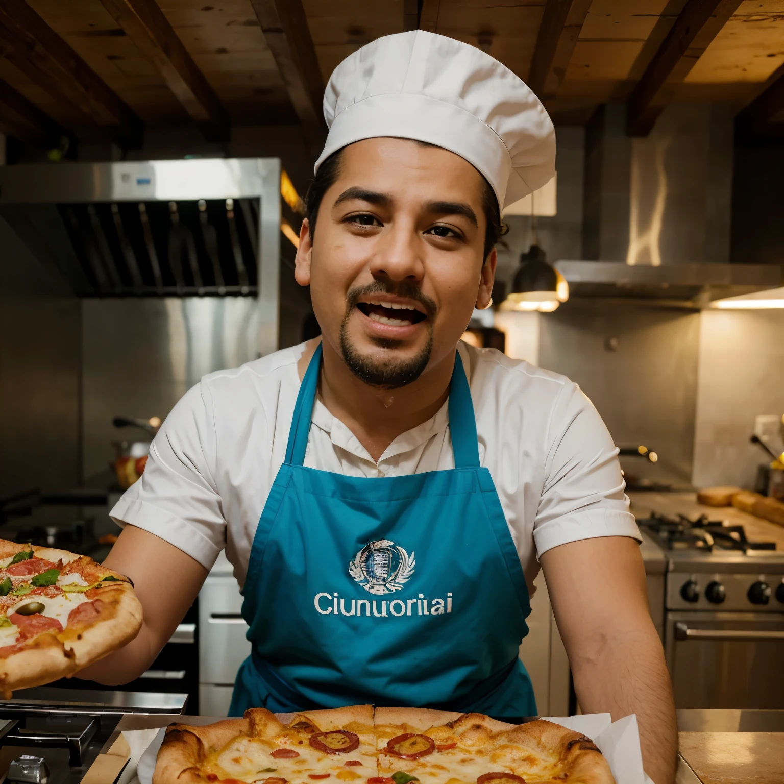 Has un chef caricaturesco peleando contra un payado cara de pizza