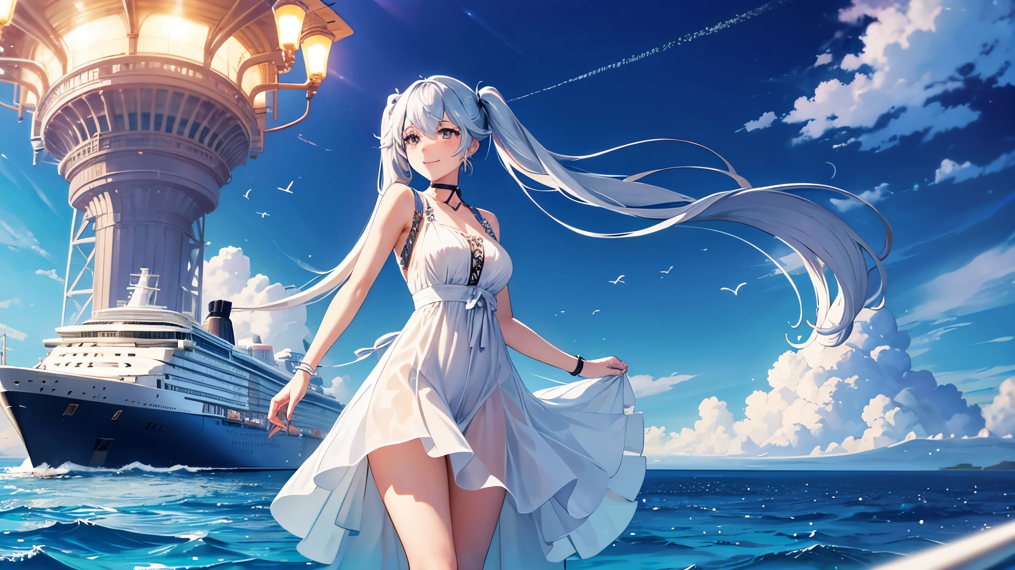 ((highest quality)), ((masterpiece)), ((1 girl)), alone, ferry, ((long hair)), ferryBase, ((Thighhighs)), bare shoulders, ((jewelry)), ((No sleeve)), white dress, blue skirt, ((gloves)), thigh height, from behind.
