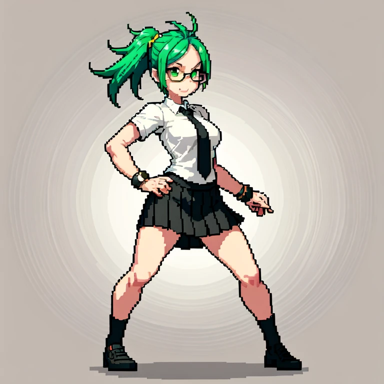 (masterpiece, top quality, best quality), pixel,pixel art,1girl,glasses,black shirt,black short skirt,green hair,punch power,full body,