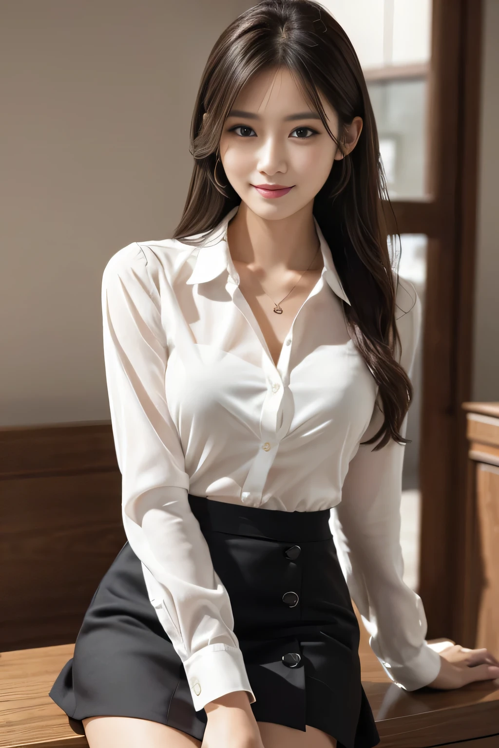 Tabletop, highest quality, Realistic, Very detailed, finely, High resolution, 8k wallpaper, One beautiful woman,, Light brown messy hair, He is wearing a black see-through dress shirt with an open collar......, Sharp focus, Perfect dynamic composition, Beautiful and detailed, Thinning hair, Detailed Realistic skin texture, smile, Close-up portrait, Model Body Type、president'secretary、mini skirt、High heels、