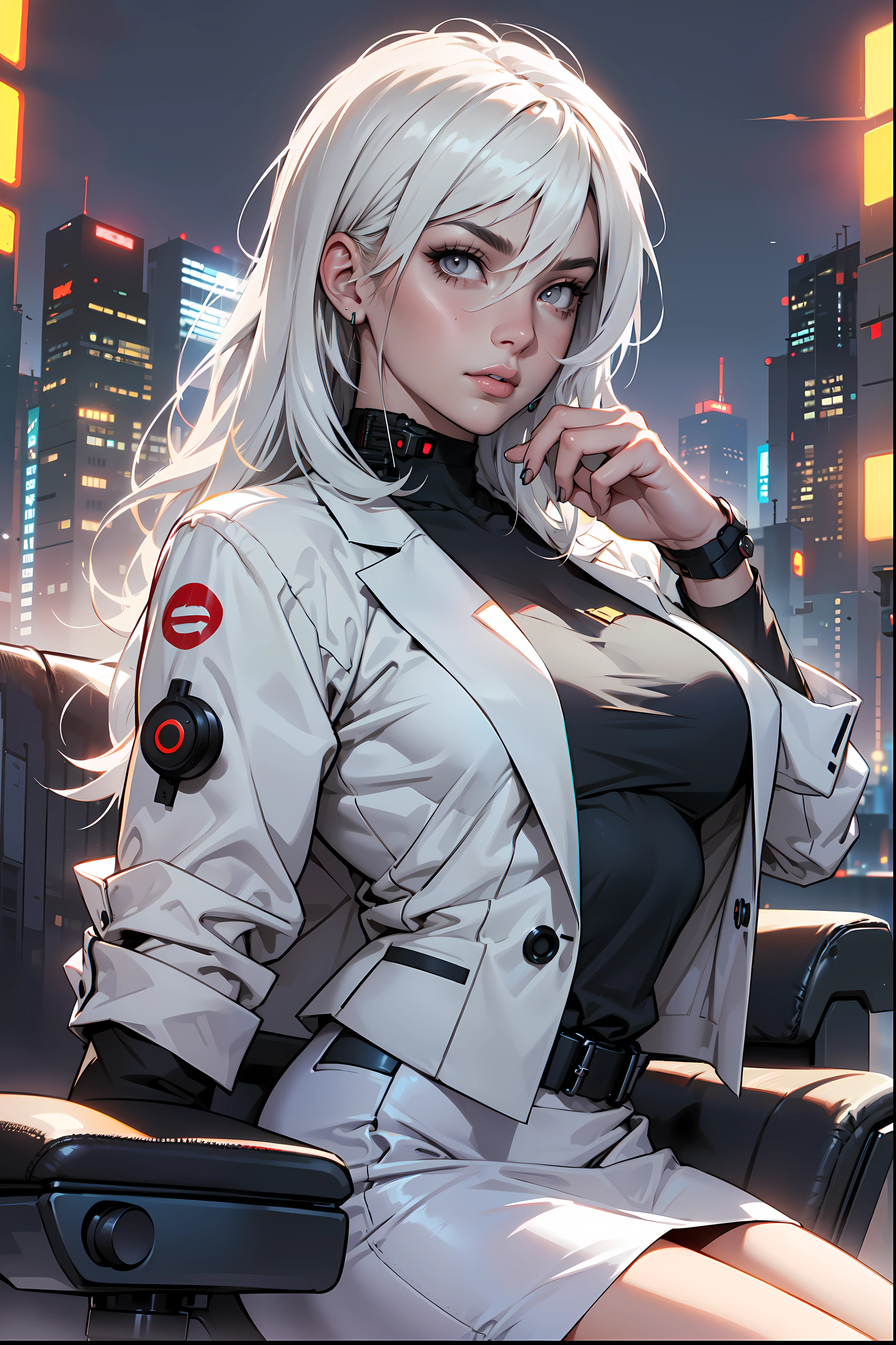 (masterpiece:1.3), (8k, photorealistic, RAW photo, best quality: 1.4), (1girl), beautiful face, (realistic face), Nice hairstyle,Realistic Eyes,Nice detail eyes,(Realistic Skin),Beautiful Skin,Ridiculous,attractive,Ultra high Resolution,an ultra realistic,RAWExtremely detailed,golden proportions, Woman wearing business outfit, white formal blazer, white blouse, white high waist business skirt, beautiful, masterpiece, best quality, perfect lighting, (white hair:1.4), long hair, (grey eyes:1.2), slender build, thin, medium breasts, business woman, ceo of small arms and aerospace centered mega corporation, sitting in luxurious black office chair, giant modern window with view of dusk cyberpunk city skyline in background, torso shot, dusk, (cyberpunk city background:1.3), (Hazy sky:1.2), (Dim red sun:1.3), eyelashes, dark eyeliner, cyberpunk, older, sleek modern-futuristic office, (white clothes:1.2)
