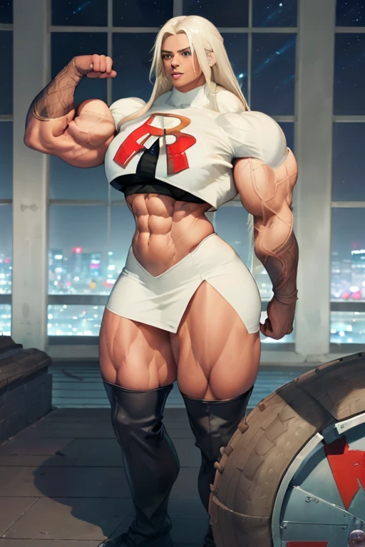 1woman, tanned skin, short white hair, ((NSFW)), (((accurate anatomy))), ((wide hips)), (((Huge breasts))), ((long legs)), (((Massive Female Bodybuilder))), (Muscular Legs), (((Huge Muscles))), (wearing leotard), from behind pov, (gigantic ass)