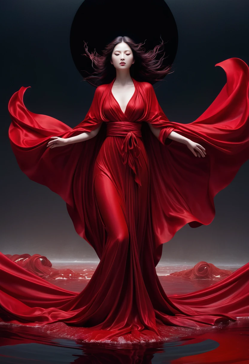  mesmerizing figure, apparently made of dark reddish blood, takes the form of a woman serenely wrapped in scarlet robes. This enigmatic form hovers delicately over a sea of blood in an empty, austere space. The blood shines with an elegance that is impossible to ignore, reflecting the intense light that bathes the scene. The artistic representation, whether a digital work of art or a meticulously crafted sculpture, exudes an aura of mysterious grace and captivating fascination. by DL