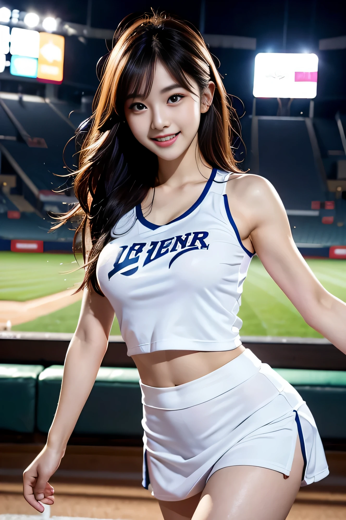 cheerleader ,health beauty, a handsome face, beautiful body, long legs, white skin,fine portrayal, Ultimate Details, baseball stadium, short skirt, tank top, Dance, Smile, sexy dance, healthy dance