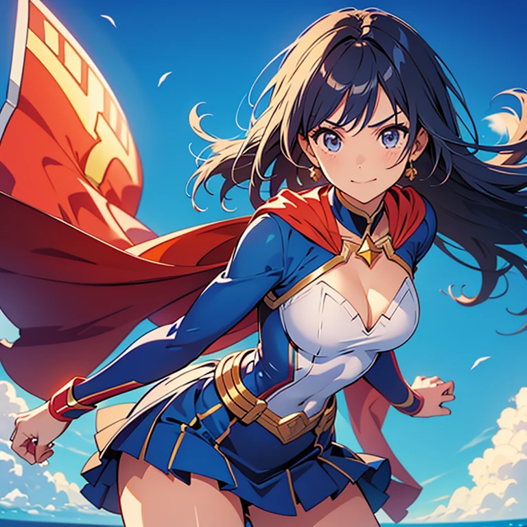 capitana marvel. beautiful 22 year old superhero girl. cabello rubio brillante sonrisa, rubor, ojos celestes. pechos grandes, disfraz de superheroe azul y amarillo. volando por el cielo , cabello rubio . piel clara rubia. pechos grandes. cuerpo completo, super girl suit. Super Short skirt, cleavage, tiny suit, trasero grande, sexy girl, showing more skin, side boob, tiny top suit, hard niples, super short skirt