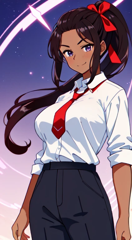 masterpiece, best quality, anime Illustration, 4k, 1 girl, solo, standing, long hair, black hair, violet eyes, high ponytail, red hair ribbon, red ribbon, white collar shirt, tie, suit and tie, black pants, big breasts, huge breasts, looking_at_viewer, lewd, mischievous grin, upper_body, dark skin, ((Village background:1.0)), ((dark skin: 1.5)), , ((parted bangs: 1.4)),  parted bangs, large forehead, purple eyes, athletic, slightly muscular 