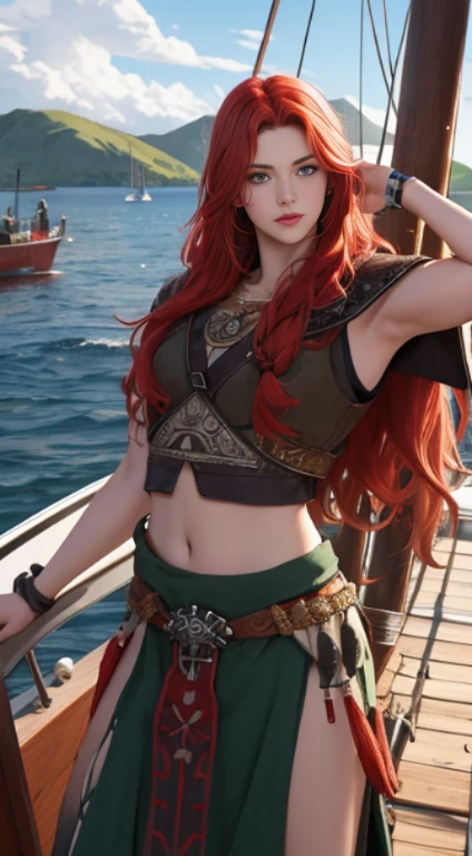 a viking warrior, long wavy red hair, green eyes, thin lips, round face, wearing viking armor, muscular and strong, sensual and imposing, looking at the viewer, viking woman on the viking ship, posing arrogantly on the bow of the boat