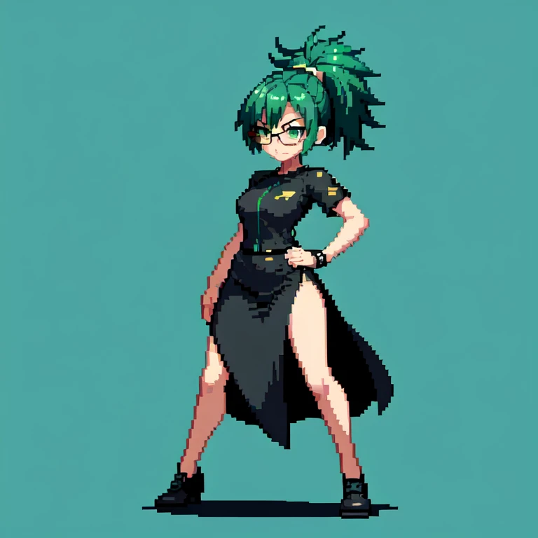 (masterpiece, top quality, best quality), pixel,pixel art,1girl,glasses,black shirt,black long skirt,green hair,punch power,full body, 
 