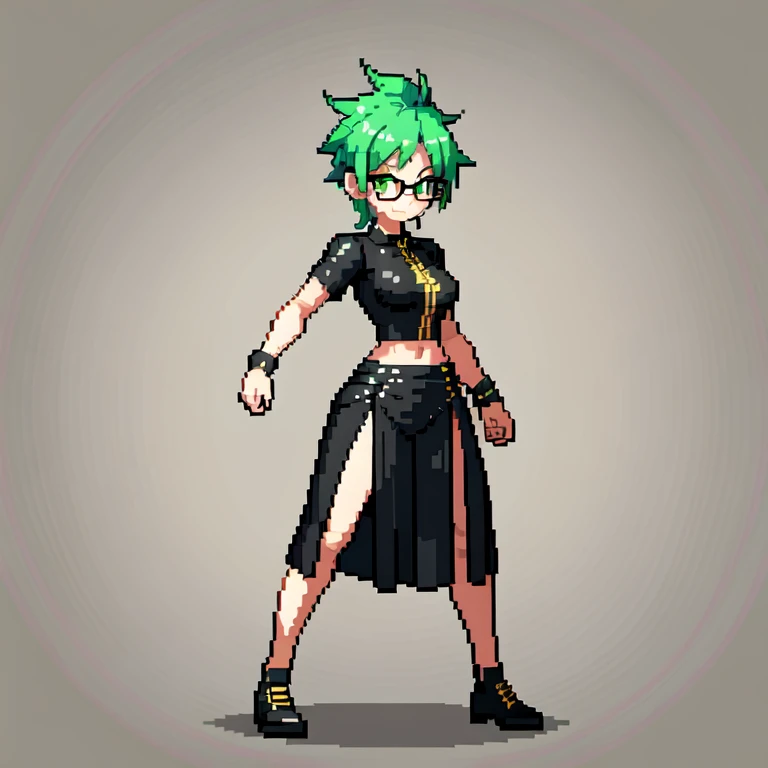 (masterpiece, top quality, best quality), pixel,pixel art,1girl,glasses,black shirt,black long skirt,green hair,punch power,full body,