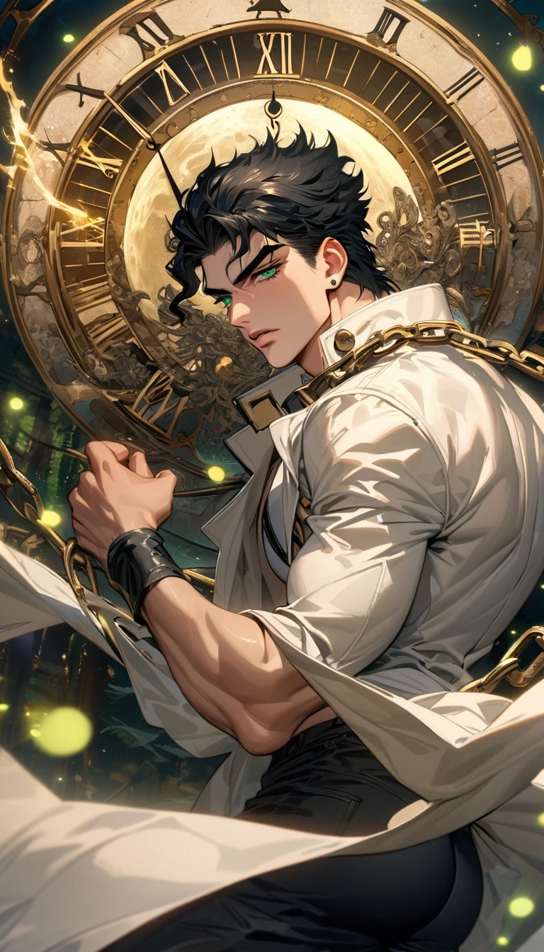 absurdres, highres, ultra detailed, HDR, master piece, best quality, extremely detailed face and eyes, perfect face, Jotaro Kujo, expressive green eyes, black hair, jojo bizarre adventure, solo, sexy man, handsome, white coat, black pants, clock mechanical moon, fantasy, chains, fireflies