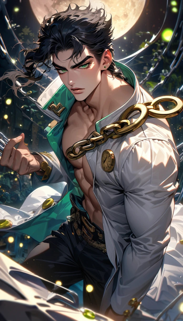 absurdres, highres, ultra detailed, HDR, master piece, best quality, extremely detailed face and eyes, perfect face, Jotaro Kujo, expressive green eyes, black hair, jojo bizarre adventure, solo, sexy man, handsome, white coat, black pants, clock mechanical moon, fantasy, chains, fireflies