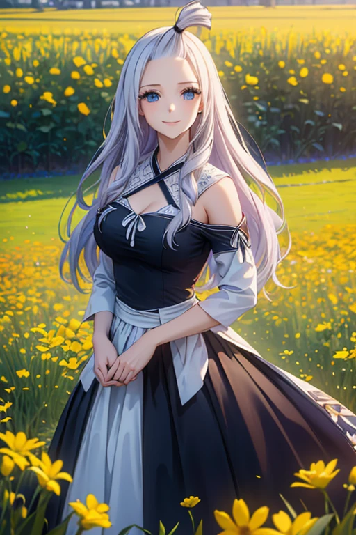 (best quality,4k,8k,highres,masterpiece:1.2),ultra-detailed,realistic,photorealistic:1.37, Mirajane Strauss, with a beautiful smile, in a field of flowers, wearing a dress with a floral print 