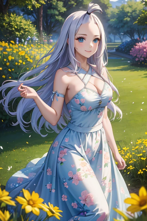 (best quality,4k,8k,highres,masterpiece:1.2),ultra-detailed,realistic,photorealistic:1.37, Mirajane Strauss, with a beautiful smile, in a field of flowers, wearing a dress with a floral print 