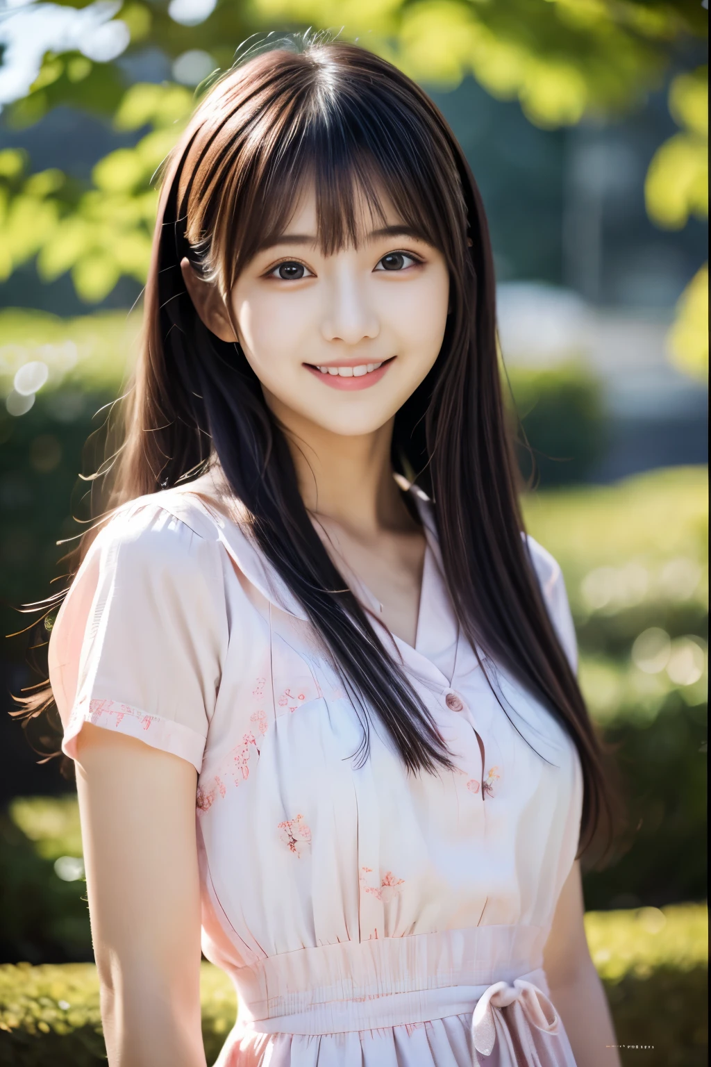 1 Japanese girl, Beauty, Cute face, Idol Style, (Pink Shirt Dress:1.2), (RAW Photos, highest quality), (Realistic, Photorealistic:1.4), Tabletop, Very delicate and beautiful, Very detailed, 2k wallpaper, wonderful, finely, Very detailed CG Unity 8K 壁紙, Very detailed, High resolution, Soft Light, Beautiful detailed girl, Very detailed目と顔, Beautiful and detailed nose, finelyて美しい目, Cinema Lighting,　(The background is blue sky), Perfect Anatomy, Slender body, small, bangs, smile, 