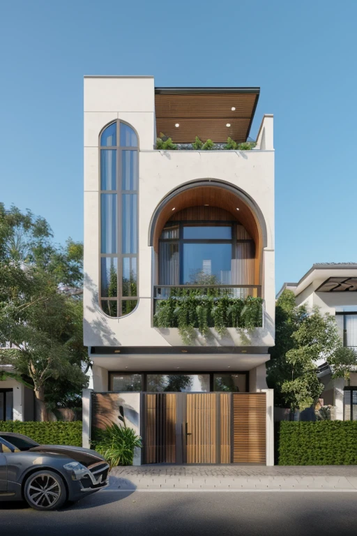 Raw photo,Masterpiece, high quality, best quality, authentic, super detail,
exterior, outdoors, house style modern on the street , curved arch, glass windows, gate, wooden ceiling,
road,pavement, grass, trees, sky, cloud, (day:1.1), vivid colour