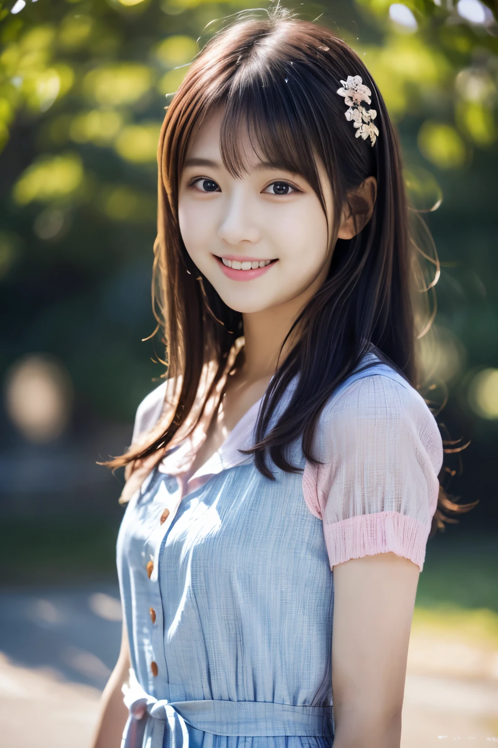 1 Japanese girl, Beauty, Cute face, Idol Style, (Pink Shirt Dress:1.2), (RAW Photos, highest quality), (Realistic, Photorealistic:1.4), Tabletop, Very delicate and beautiful, Very detailed, 2k wallpaper, wonderful, finely, Very detailed CG Unity 8K 壁紙, Very detailed, High resolution, Soft Light, Beautiful detailed girl, Very detailed目と顔, Beautiful and detailed nose, finelyて美しい目, Cinema Lighting,　(The background is blue sky), Perfect Anatomy, Slender body, small, bangs, smile, 